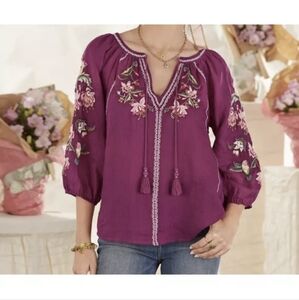 Sundance | Berry Pink Shayda Embroidered Peasant Blouse Top